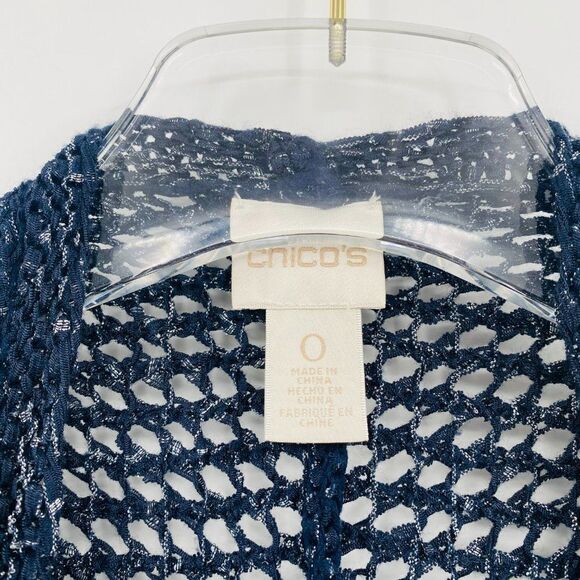 Chico's Size Small Navy Blue Metallic Knit Artisan Fringe Sloane Cardigan - Picture 5 of 7